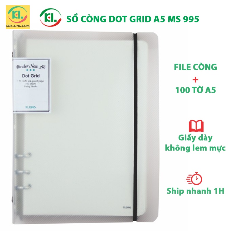 Sổ còng A5 bìa nhựa ruột chấm Dot grid 100 tờ dày dặn KLong-MS995 gồm kẹp còng + ruột sổ