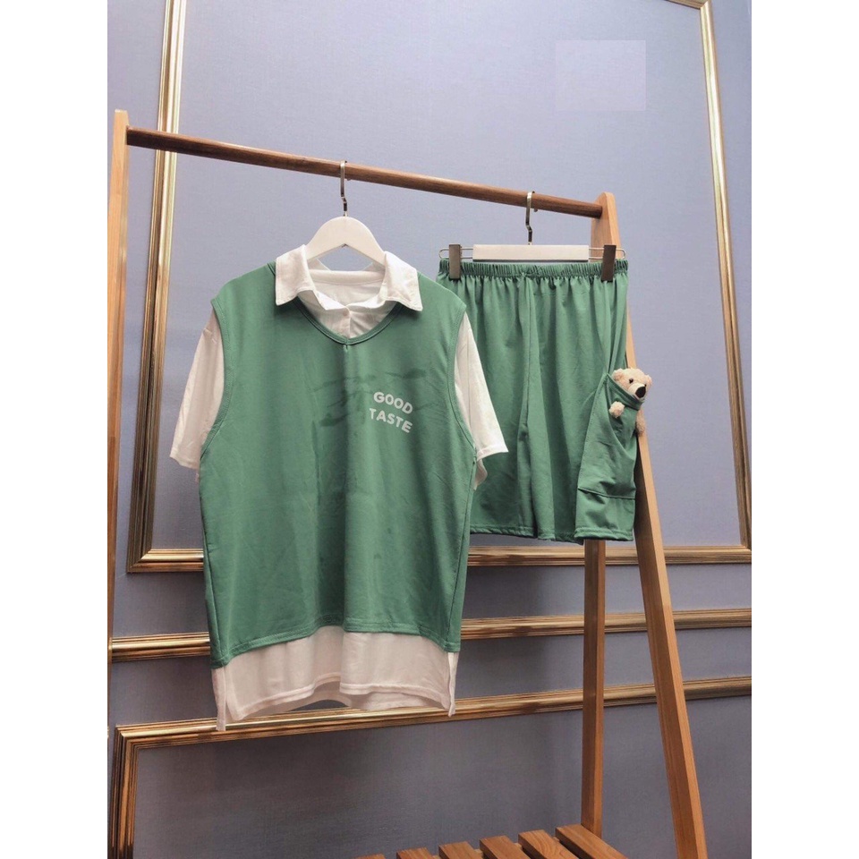 Set cộc tay good taste kèm gấu nữ - Casperstore - Bộ áo gile phối vạt tay lỡ form rộng kèm quần short ống suông