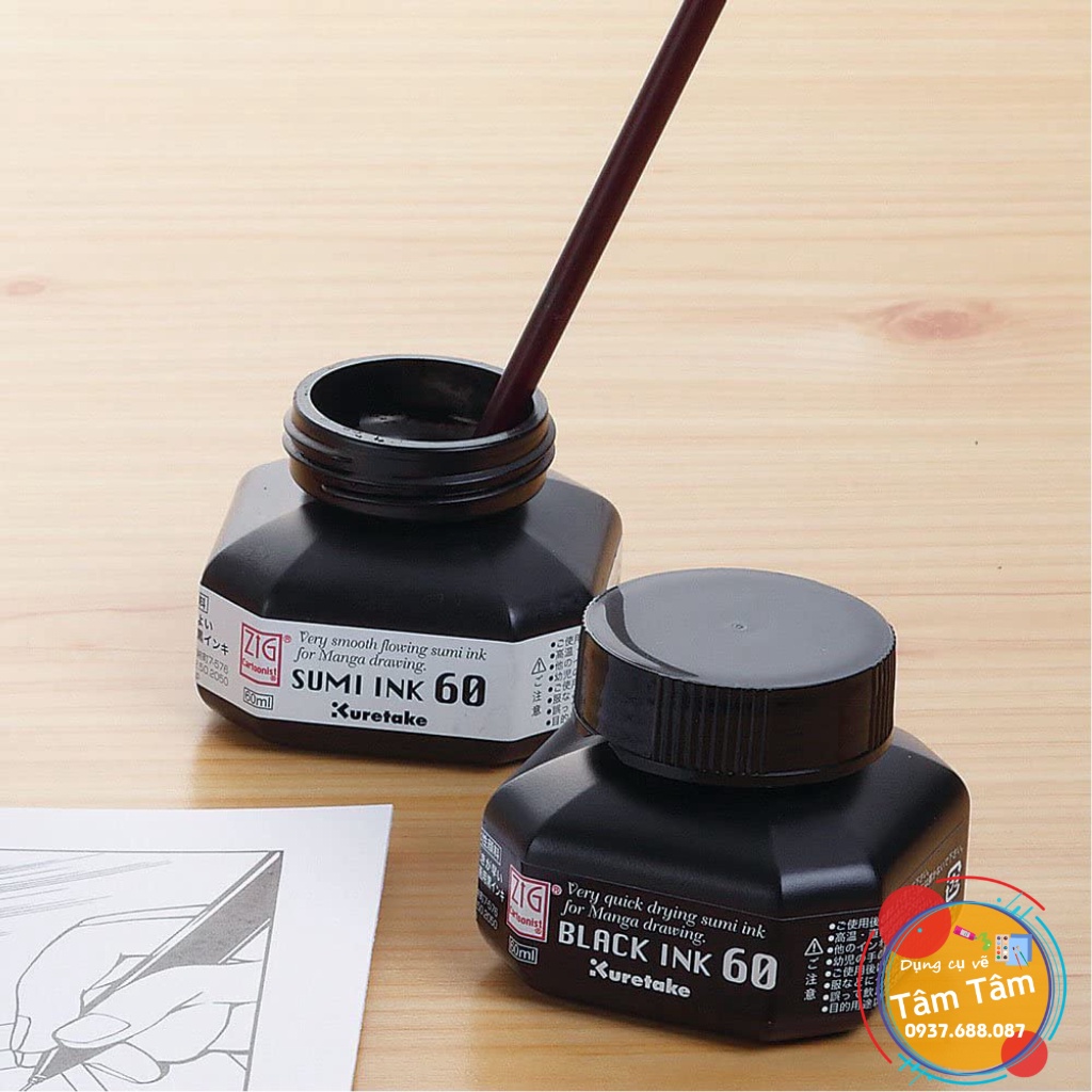 [ TÂM TÂM ] - Mực vẽ Manga, Mực Kuretake Sumi/Black/ White - [ mực cho bút chấm mực ]