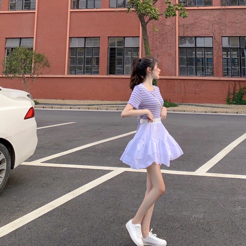 Set váy oze áo kẻ TTS467