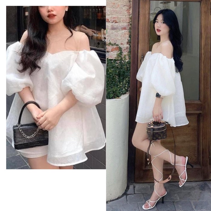 [Ảnh thật/Video]Áo babydoll trễ vai tiểu thư màu trắng xoè đính hạt  ngọc Áo trễ vai Hàn Quốc