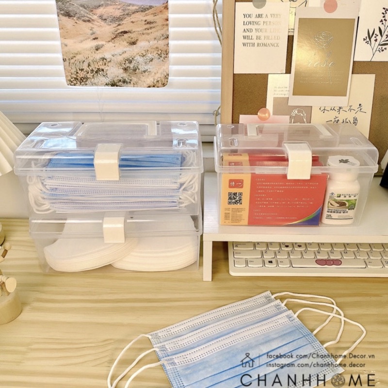 Hộp đựng trong suốt đựng đồ dùng - đồ y tế nhỏ gọn để bàn, văn phòng tiện lợi + tặng kèm sticker