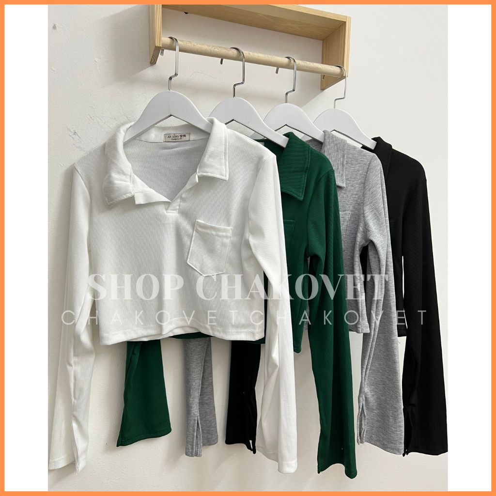 Áo Croptop nữ dài tay cổ Polo A8424 Áo dáng ngắn có túi ngực ôm Body tôn dáng cực quyến rũ cá tính tiểu thư