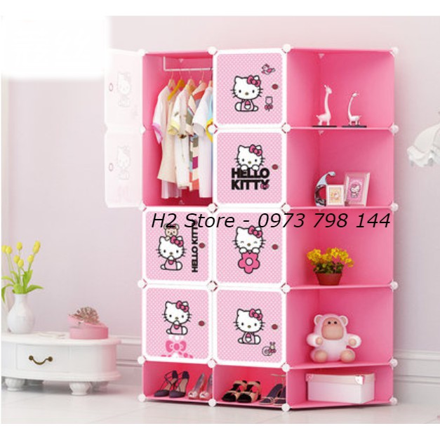 [CÓ ẢNH THẬT] TỦ NHỰA LẮP GHÉP 12 Ô &amp; 3 GIÀY MÀU HỒNG HÌNH KITTY ĐỂ ĐỒ ĐA NĂNG THÔNG MINH sâu 47cm