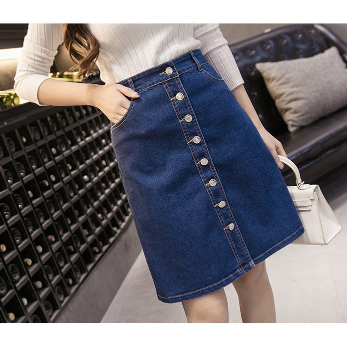 Chân váy jean chữ A ngang gối co giãn Quảng Châu size S - 3XL cho nữ CV107