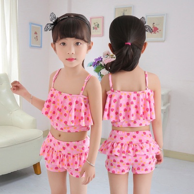 Bikini Áo tắm hai mảnh cho bé gái màu hồng hoa dâu tây dễ thương