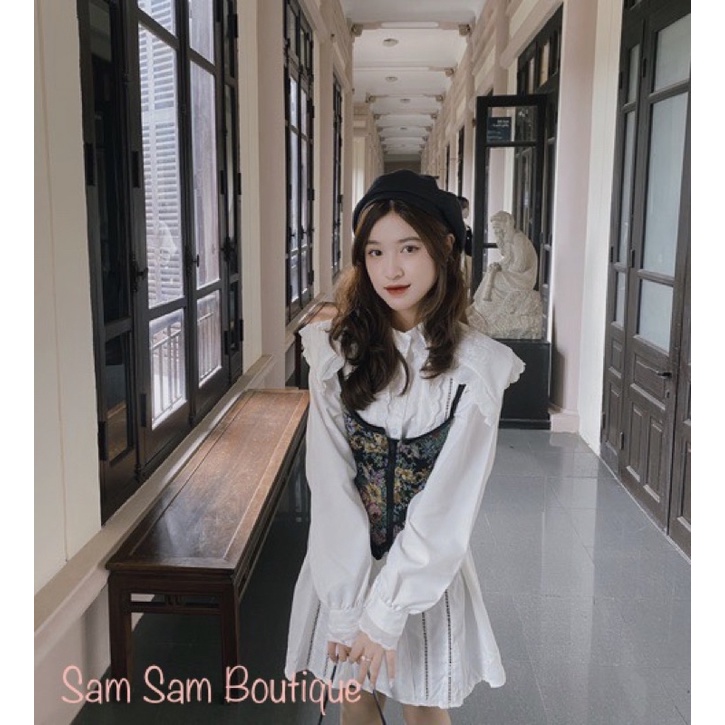 Set áo 2 dây croptop hoạ tiết hoa vintage+áo sơmi form dài phong cách thanh lịch ulzzang SAM SAM BOUTIQUE