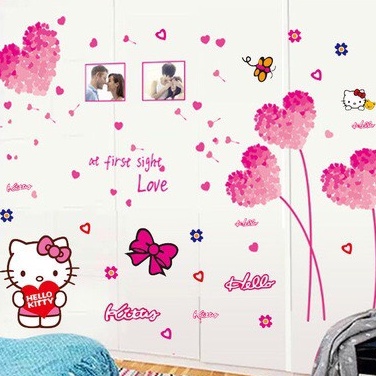 Bộ 2 tấm decal dán tường - Kitty phối trái tim hồng xinh ( 2 tấm )
