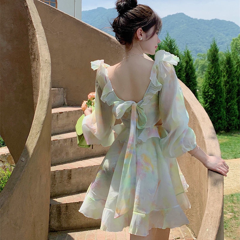 Váy babydoll Đầm Tay Dài Cổ V Thời Trang Mùa Thu Phong Cách Mới Cho Nữ