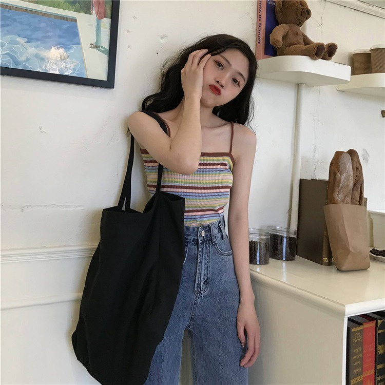 Áo 2 dây ZHELIHANGFEI dệt kim kẻ sọc màu cầu vồng