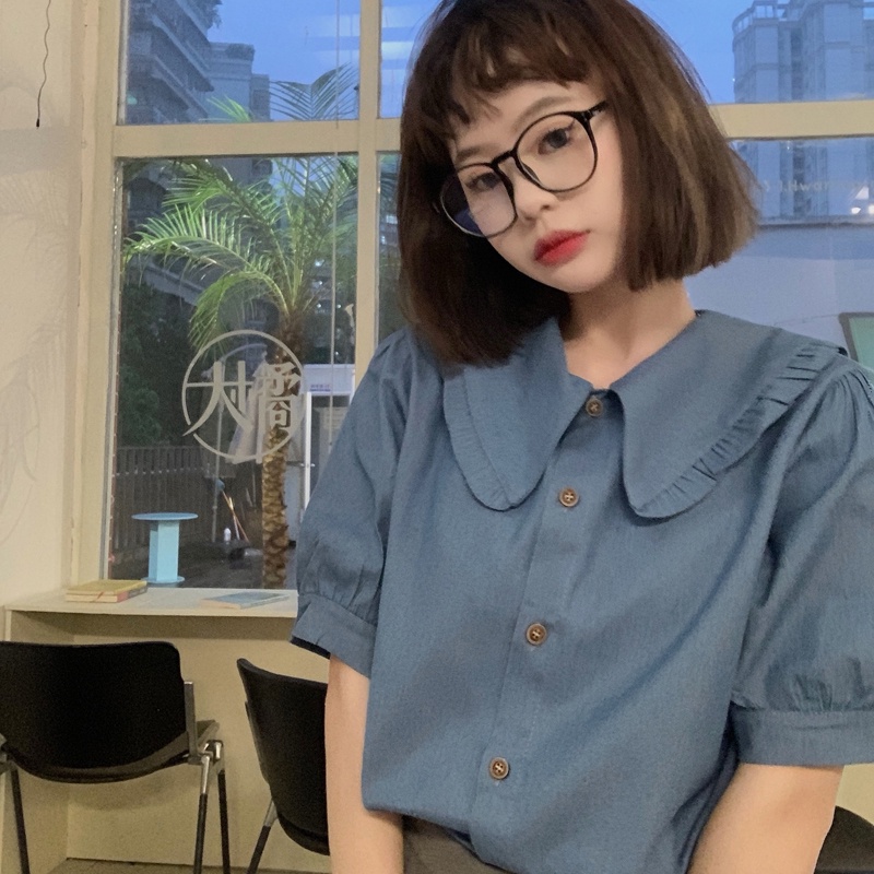 Áo sơ mi SUXI tay ngắn cổ búp bê màu trơn đơn giản dễ phối đồ thời trang mùa hè cho nữ