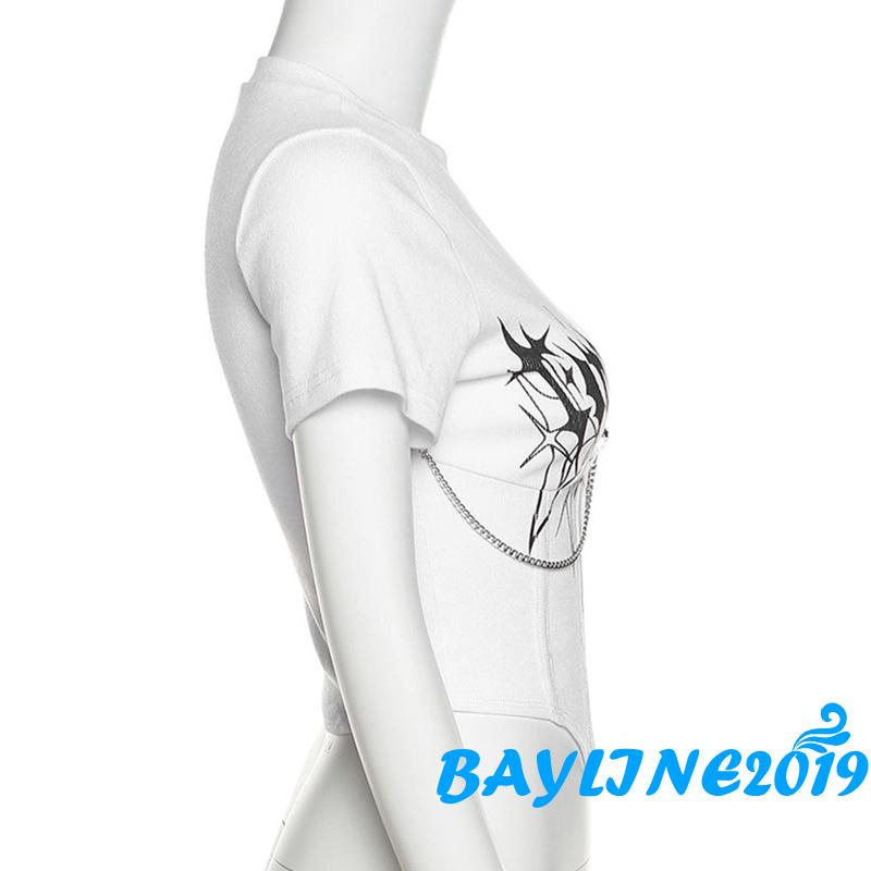 Áo Thun Ngắn Tay Cổ Tròn Ôm Dáng In Chữ Phối Dây Xích Kim Loại Cho Nữ