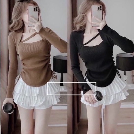 Áo Croptop Nữ Kiểu Rút Dây Eo Phối Chéo Cổ Tay Dài