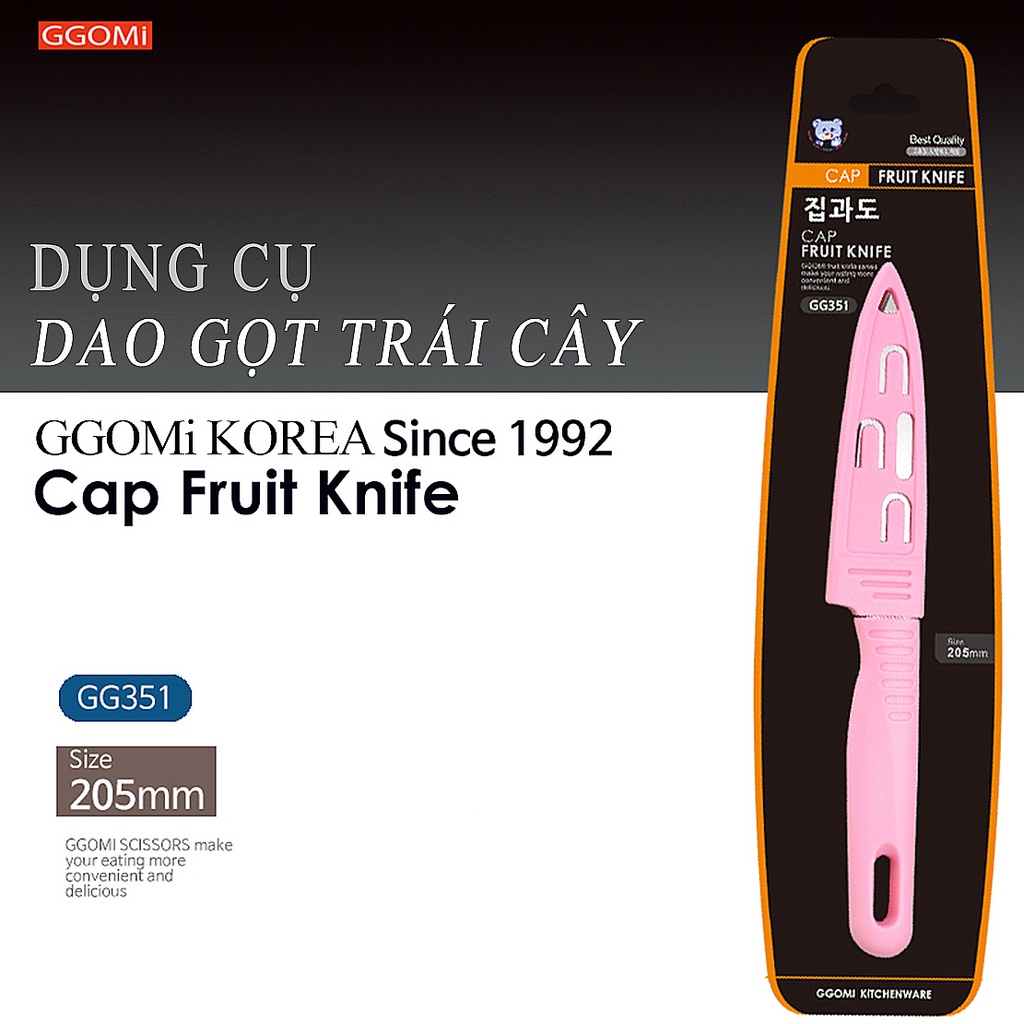Dao gọt trái cây màu hồng có nắp bảo vệ dài 20.5cm, lưỡi dài 10.5cm, thép không gì GGOMi Hàn Quốc GG351