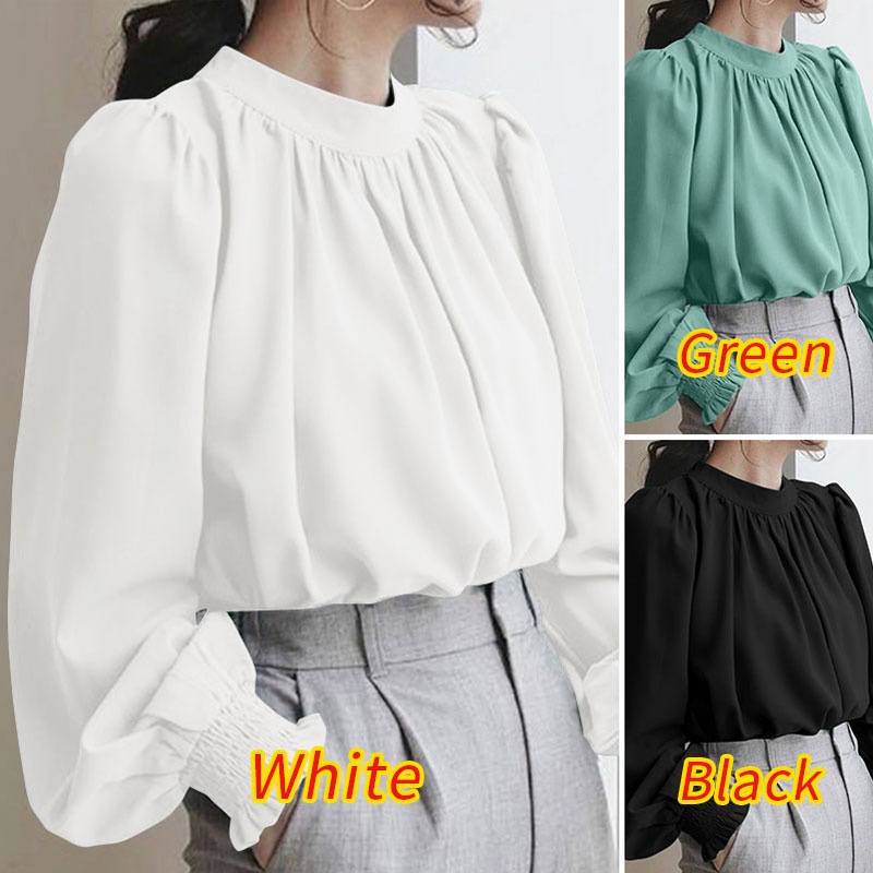 Áo ZANZEA cổ chữ O tay phồng màu trơn thiết kế xếp li trẻ trung cho nữ