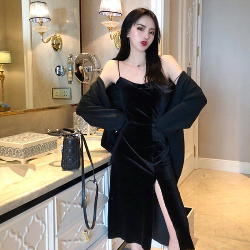 Đầm nhung hai dây màu đen thời trang xuân hè cho nữ