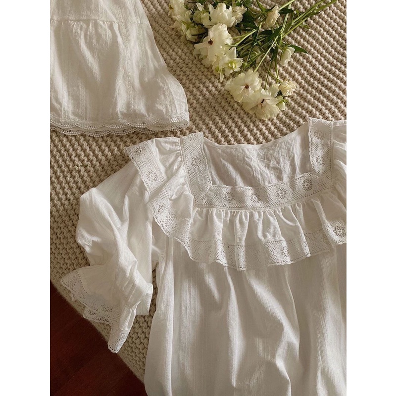 Bộ Đồ Ngủ 100% cotton Phối Ren Kiểu Công Chúa Dễ Thương Cho Nữ