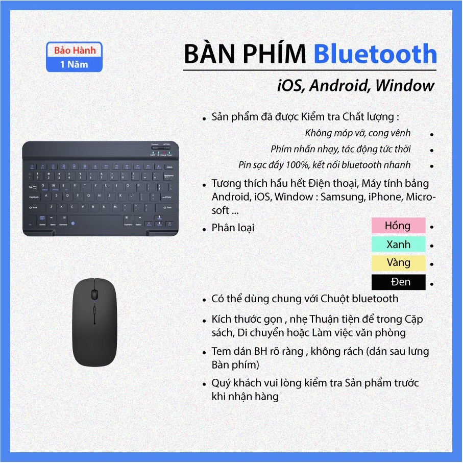 Bàn phím Bluetooth cho iPad, Iphone, Máy tính bảng (iOS, Android, Window) 10&quot; - SP mới BH 1 năm