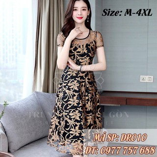 [ Cao cấp ] Đầm ren trung niên hoa hồng cao cấp DR010