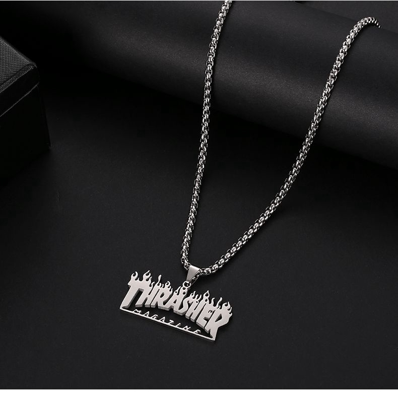 Dây Chuyền Mặt Hình Ngọn Lửa Khắc Chữ Bằng Thép Titan