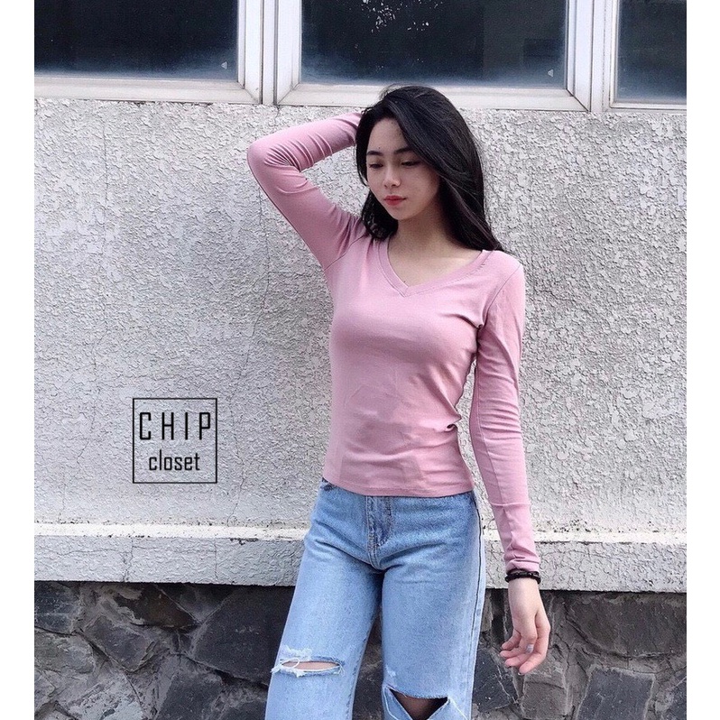 Áo Thun Dài Tay Nữ Trơn - Áo Thun Cổ Tim Nhiều Màu Chất Cotton Giữ Nhiệt - Hàng Chuẩn Cao Cấp Nhiều Màu GAP005