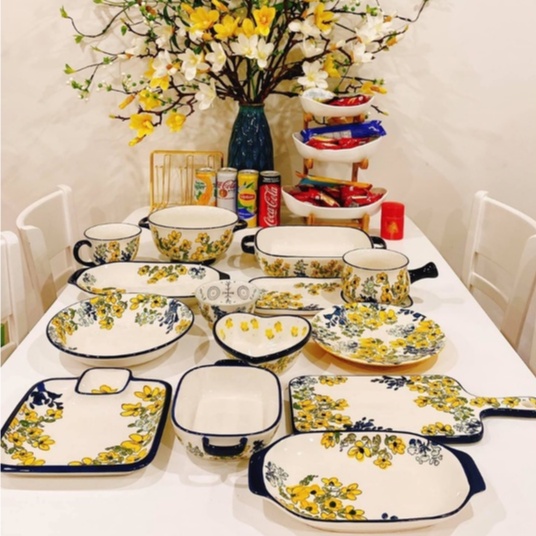 Bộ bát đĩa hoa vàng , chén dĩa decor hoa mai vàng Alifis