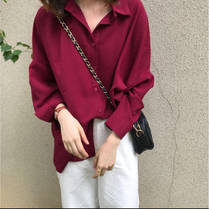Áo sơ mi trơn tay dài màu Đỏ, chất kate voan đẹp 11316-14B1