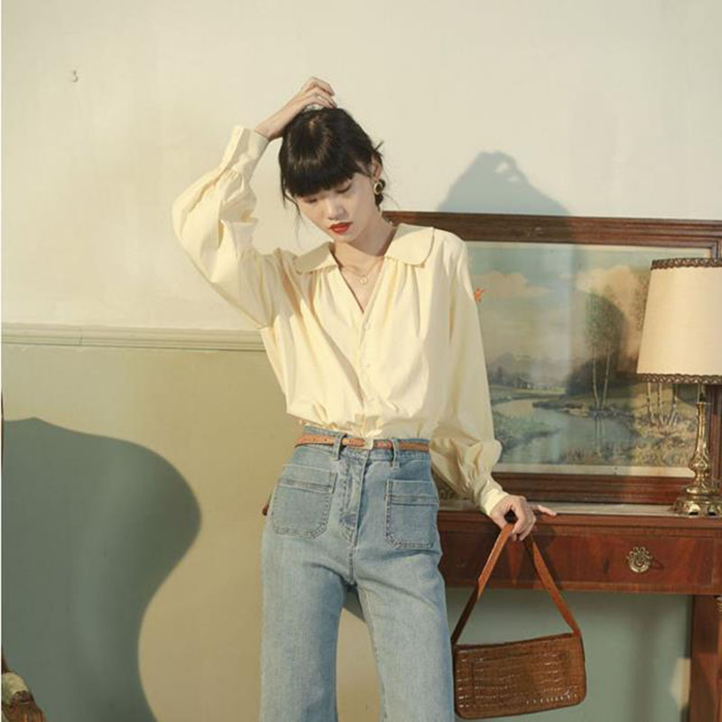 IELGY Áo kiểu tay dài cổ bèo thanh lịch thời trang dành cho nữ