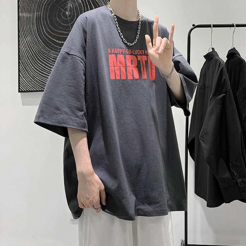 Korean Simple Letter Printing Oversized Tshirt Men and Women Summer Loose Plus Size Five-point Sleeve Drop Shoulder Short Sleeve T-shirt Unisex Tops