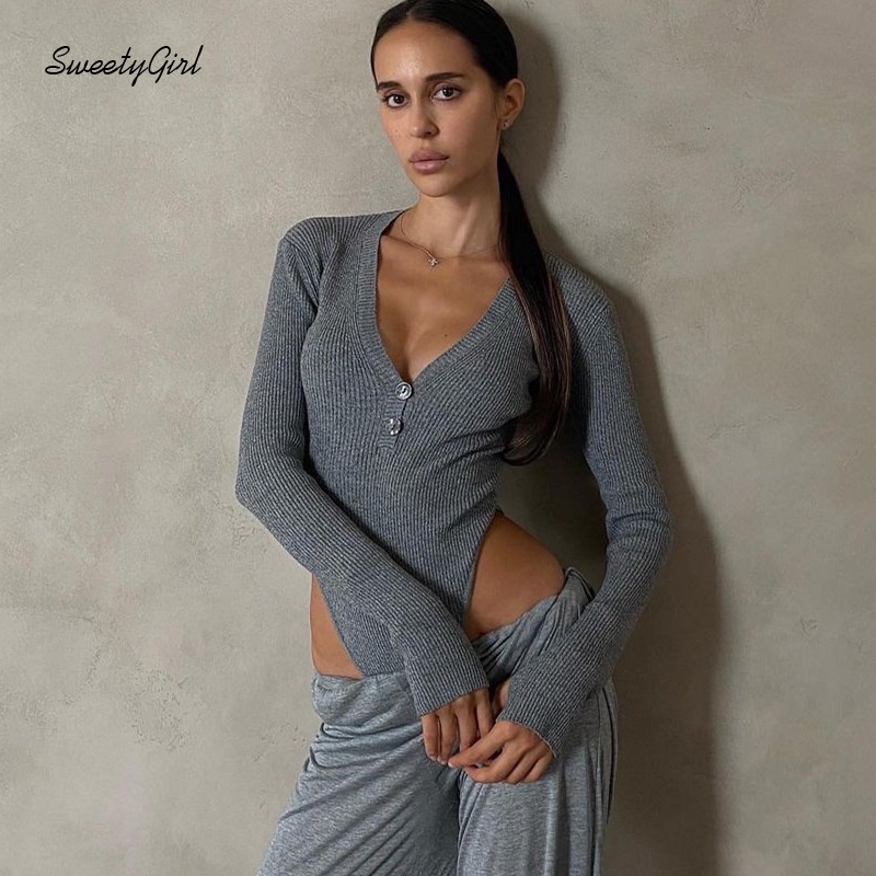 Bộ Áo Liền Quần Tay Dài Cổ Chữ V Màu Trơn Cài Khuy Thời Trang Đường Phố Cho Nữ