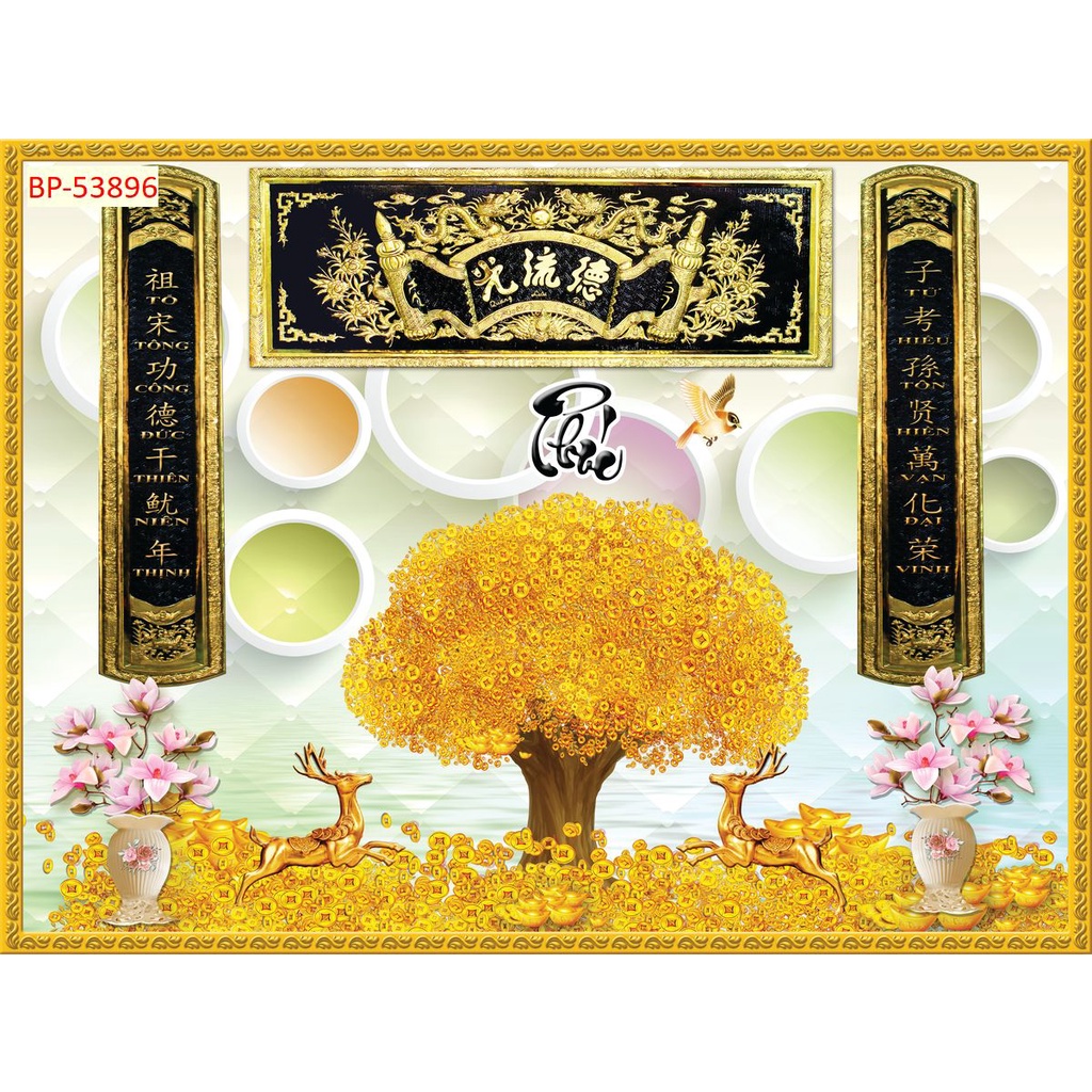 Tranh Dán tường 3d Phòng thờ, bàn thờ câu đối 2 bên, phong cách truyền thống