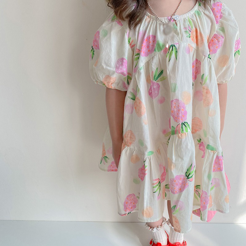 Đầm Công Chúa Tay Ngắn In Họa Tiết Dâu Tây Dáng Rộng Thời Trang Dự Tiệc Cho Bé