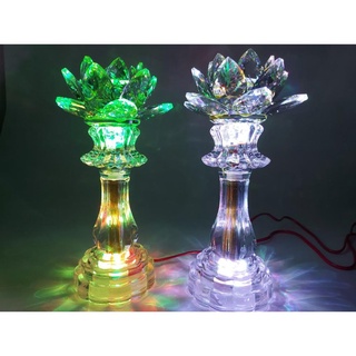 Một cặp đèn thờ hoa sen pha lê nguyên khối phát sáng toàn thân