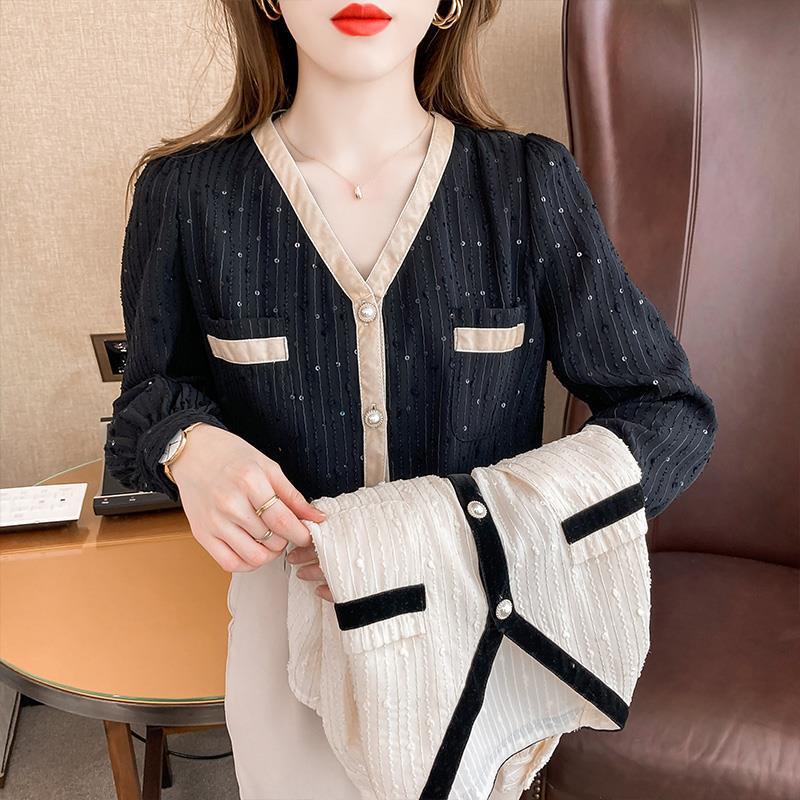 Áo sơ mi cổ chữ V phối ren thời trang thu đông hàng mới 2021