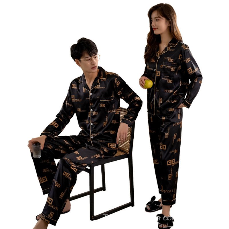 Bộ đồ ngủ tay dài vải lụa mỏng màu đen thời trang sang trọng cho cặp đôi