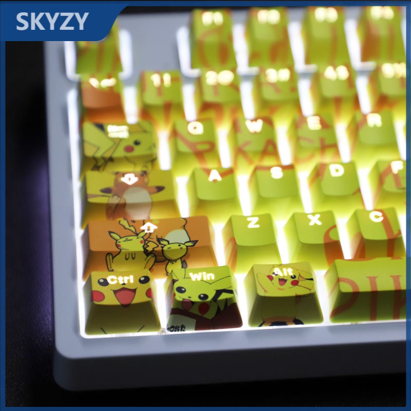 Keycap Pokemon chủ đề Pokémon Pikachu keycap hoạt hình PBT Dye bàn phím cơ thăng hoa Bàn phím cơ truyền ánh sáng Keycap 104 phím