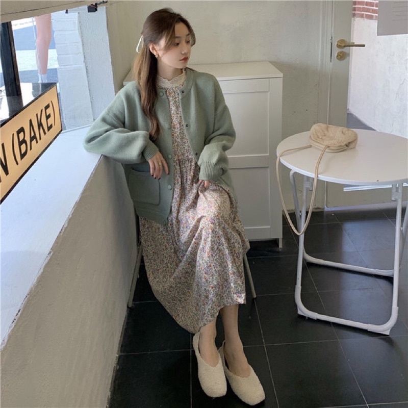 Set váy dài kèm áo khoác mùa đông ulzzang