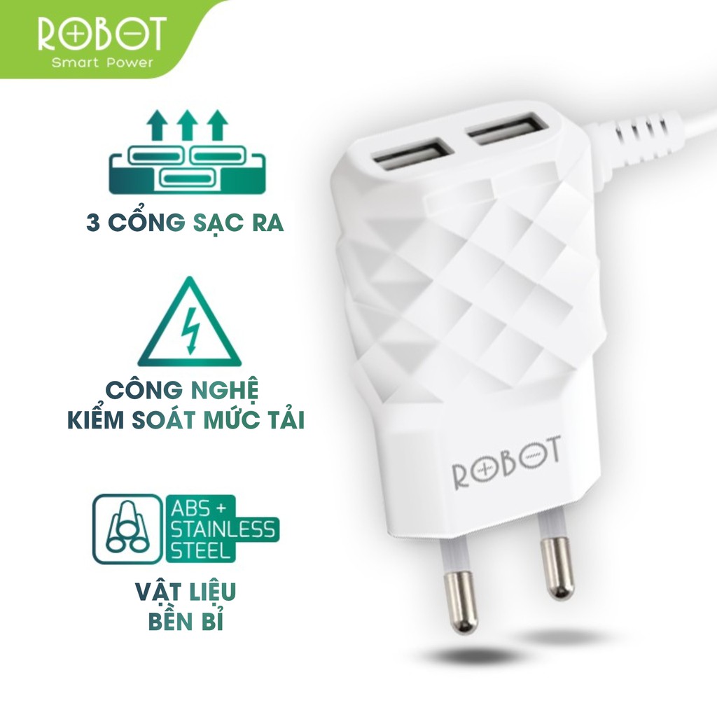 Cốc sạc kèm dây Robot RT-K5 sạc nhanh 2.1A, 2 cổng sạc ra USB, dải điện áp rộng, chất liệu vỏ chống cháy an toàn sử dụng