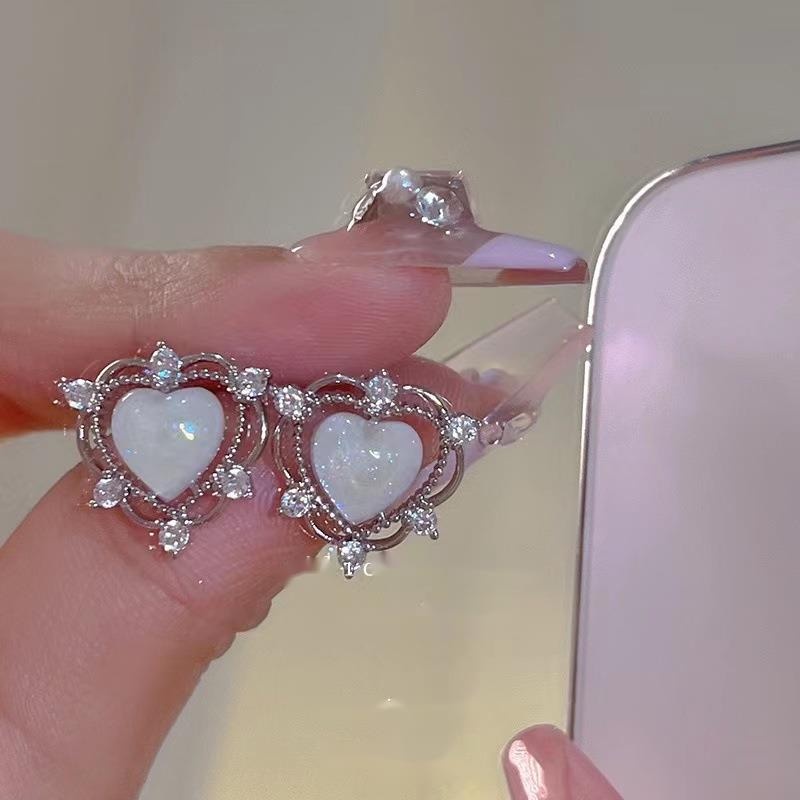 Bông Tai Hình Trái Tim Đính Đá Opal Cao Cấp Thời Trang Mùa Hè Dành Cho Nữ
