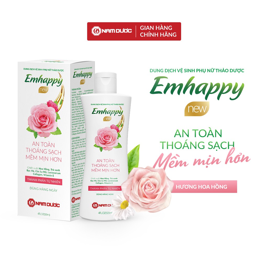 Dung dịch vệ sinh phụ nữ Emhappy an toàn, thoáng sạch, mềm mịn, se khít hương hoa hồng.