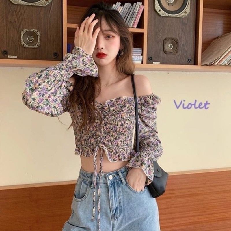 [Mã FAMARAL2 giảm 10K đơn 50K] Áo voan Croptop dây rút hoa nhí HOT HIT siêu đẹp, siêu xinh