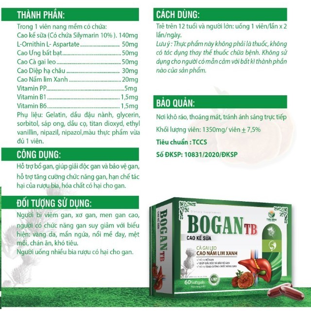 VIÊN UỐNG BỔ GAN BOGAN TB CAO KẾ SỮA - NẤM LIM XANH - CÀ GAI LEO - GIẢI ĐỘC GAN, BẢO VỆ TẾ BÀO GAN - HỘP 60 VIÊN