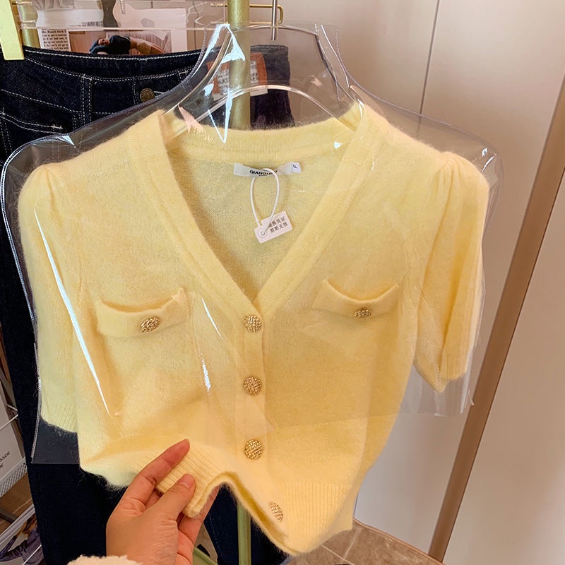 Áo Cardigan Ngắn Tay Phồng Màu Vàng Phong Cách Châu Âu Mẫu Mới Thời Trang Cho Nữ