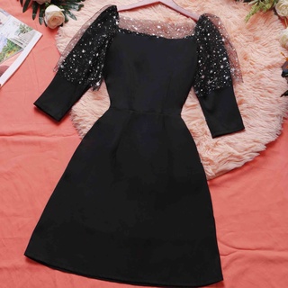 Đầm đen dự tiệc cổ vuông tay lỡ đẹp thiết kế sang trọng thời trang cao cấp trẻ trung eo tôn dáng hợp đi tiệc đi chơi