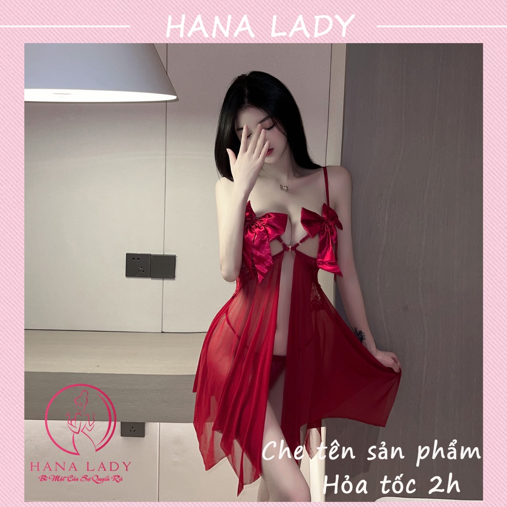 Váy ngủ sexy, đầm ngủ 2 dây xuyên thấu gợi cảm đính nơ VN507