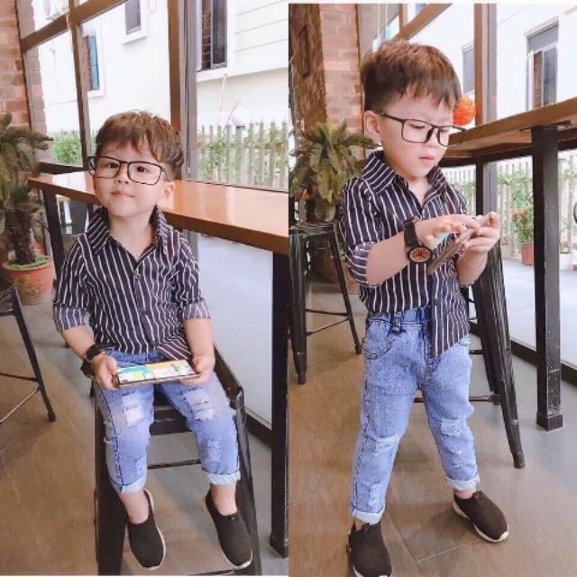 Set ao so mi quan jens phong cach han quoc cho be trai