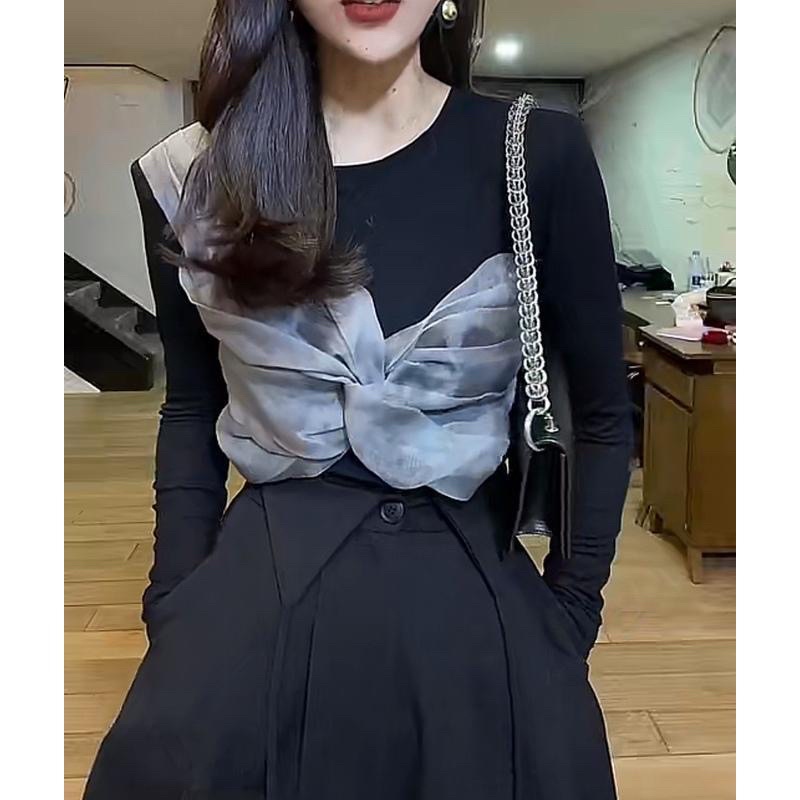 Áo Màu Đen Nơ Xám Siêu Hot