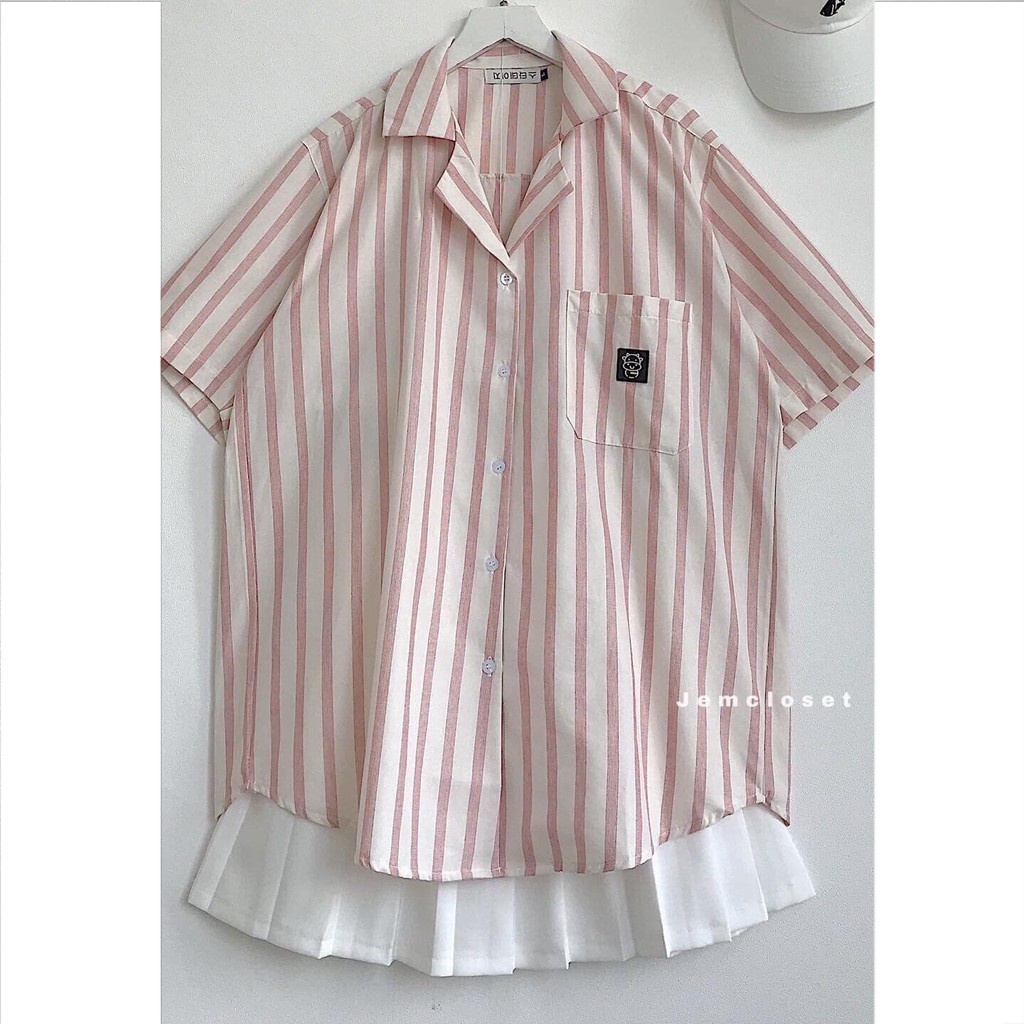 Áo Sơ Mi Nữ Tay Ngắn Sọc Hồng Sơ Mi Nữ Form Rộng Cổ V Chất Liệu Thô Hàn Mềm Mát HALL Thời Trang Nữ 10052