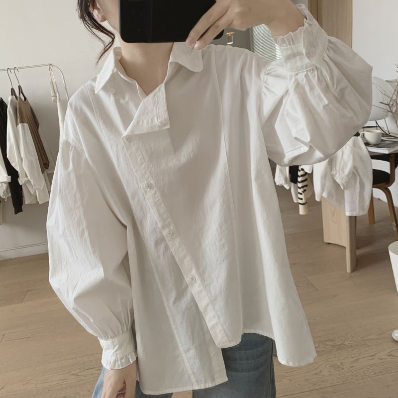 Áo Sơ Mi Cotton Tay Dài Phồng Dáng Rộng Lưng Ngắn Thời Trang Xuân Thu Cho Nữ