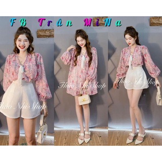 Set áo nữ voan hoa nơ trắng tay phồng dài phối quần short trắng